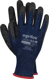 Rękawice ochronne marki Ogrifox, model OX.11.115 MELAT. Są to rękawice robocze na elastycznym niebieskim materiale z czarnym pokryciem na dłoniach i palcach, zapewniające lepszą przyczepność.