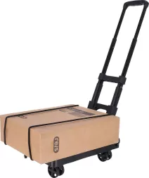 Składany wózek transportowy CART-50 do ładunku 50 kg, z teleskopową rączką i paskami mocującymi. Przeznaczony do ułatwienia przenoszenia ciężarów, wyposażony w kółka do łatwego transportu.