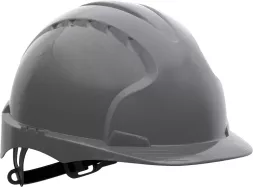 Hełm ochronny EVO3, szary, z tworzywa HDPE, wyposażony w regulowany pasek podbródkowy oraz system regulacji rozmiaru.