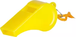 Żółty gwizdek z otworem do przewleczenia sznurka, wyposażony w pomarańczowy sznurek do zawieszenia. Wykonany z plastikowego materiału.