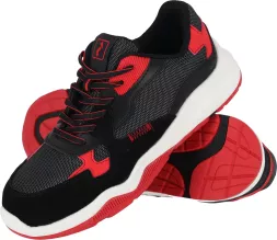 Męskie buty robocze ochronne TEEN, model S1 HRO, w kolorach czarnym i czerwonym. Wykonane z oddychającego materiału siateczkowego, z antypoślizgową podeszwą oraz wzmacnianymi elementami dla zwiększonej wytrzymałości.