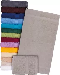 Ręcznik frotte wykonany w 100% z bawełny, gruby i miękki, dostępny w różnych kolorach, w tym szarym. Produkt o wysokiej jakości tkaniny, idealny do codziennego użytku.