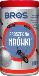 Opakowanie proszku na mrówki marki BROS o pojemności 100 g. Kolor czerwono-szary. Na opakowaniu grafika mrówek i czerwony okrąg z napisem 