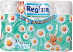 Opakowanie zawiera 12 rolek papieru toaletowego o zapachu rumianku, marki Regina. Opakowanie jest kolorowe, z motywem rumiankowych kwiatów i radosnym, pomarańczowym stworzeniem.
