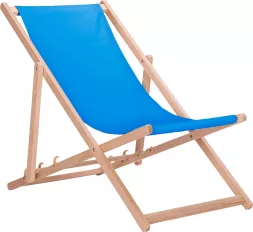 Leżak drewniany składany wykonany z bukowego drewna, z regulowanym oparciem i niebieskim materiałem siedziska. Klasyczny design, idealny do ogrodu lub na plażę.