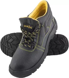 Buty robocze trzewiki skórzane z podnoskiem i wkładką, model YES-T-S1P, w klasie bezpieczeństwa S1P, wykonane z czarnej skóry z żółtymi przeszyciami i sznurówkami. Podeszwa antypoślizgowa, komfortowe wnętrze.