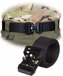 Czarny pasek taktyczny CRAMP z szybkozłączną klamrą, wykonany z wytrzymałego materiału, przeznaczony do spodni Tactical Guard.