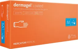 Pudełko rękawic lateksowych marki Dermagel Coated, rozmiar M. Opakowanie zawiera 100 sztuk, bezpudrowych, niesterylnych rękawic. Na pudełku znajduje się oznaczenie CE.