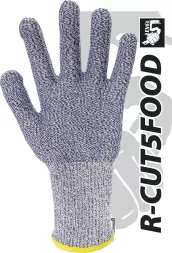 Rękawice ochronne antyprzecięciowe HACCP R-CUT5FOOD, zapewniające ochronę na poziomie CUT 5, przeznaczone do pracy z żywnością. Materiał szary, elastyczne, z mankietem w żółtym kolorze.