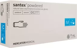Opakowanie białych rękawic lateksowych Santex® powdered, rozmiar M. W pudełku znajduje się 100 sztuk teksturowanych na końcówkach palców rękawic. Produkt sterylny.