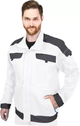 Biała męska bluza robocza katana CORTON z 100% bawełny, wyposażona w kieszenie na piersi i ramionach oraz czarne wzmocnienia na ramionach, rękawach i dole bluzy.