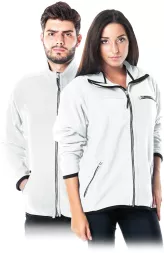 Biały polar roboczy ochronny HONEY, zapinany na zamek błyskawiczny, z kieszeniami bocznymi na zamek. Model unisex, wykonany z miękkiego, ciepłego materiału.