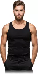 Czarny męski podkoszulek tanktop bez rękawów, o dopasowanym kroju, z okrągłym dekoltem. Idealny na lato i do aktywności fizycznej.