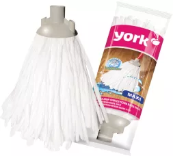 KOŃCÓWKA BIANCO MAXI to wymienna końcówka mopa firmy York, z białymi, długimi frędzlami, przeznaczona do czyszczenia podłóg, pakowana w plastikową obudowę z etykietą.