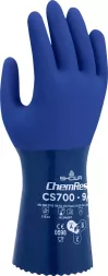 Rękawice chemiczne SHOWA CS700 w kolorze niebieskim, wykonane z materiału ChemRes, odporne na chemikalia, rozmiar 9/L. Przeznaczone do ochrony dłoni przy pracy z substancjami chemicznymi.