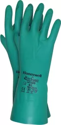 Zielone rękawice ochronne marki Honeywell, model Nitri Guard Plus. Na rękawicy widoczne oznaczenia CE, rozmiar 9 oraz inne symbole związane z normami bezpieczeństwa.
