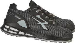 Półbuty bezpieczne KALEO, kolor czarno-szary, wyposażone w metalowe elementy i białe akcenty. Posiadają gruby, wzmacniany spód oraz dodatkowe wsparcie przy kostce.
