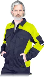 Bluza robocza ochronna PROX w kolorach granatowo-żółtym, zapinana na zamek i rzepy, z kieszeniami na piersi oraz elementami odblaskowymi na rękawach.