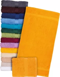 Ręcznik frotte bawełniany 100%, gruby, w kolorze pomarańczowym. Produkt z wysokiej jakości tkanego frotte, dostępny także w innych kolorach. Zestaw zawiera duży i mały ręcznik.