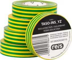 Samoprzylepna taśma izolacyjna w kolorze żółto-zielonym, oznaczona jako TASO-INS_YZ, o szerokości 19 mm i długości 20 m. Produkt marki Reis, wykonany z PVC, stosowany do izolacji elektrycznej.