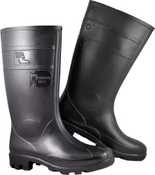 Czarne, wysokie gumowe buty zawodowe z cholewką sięgającą poniżej kolan, wyposażone w gruby, antypoślizgowy bieżnik. Na boku cholewki widoczne logo producenta.