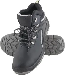 Buty robocze trzewiki skórzane z podnoskiem SB POLREIS, czarne, z szarymi detalami, solidna podeszwa z głębokim bieżnikiem, sznurowane, wygodne i bezpieczne.