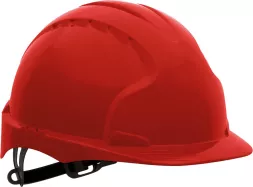 Czerwony hełm ochronny EVO3 wykonany z tworzywa HDPE, posiada regulowany pasek zapinany pod brodą oraz system wentylacyjny.