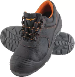 Buty robocze BCS S1 z kompozytowym podnoskiem, metal free, czarne z pomarańczowym wnętrzem, wiązane, cholewka z wytrzymałego materiału, antypoślizgowa podeszwa.