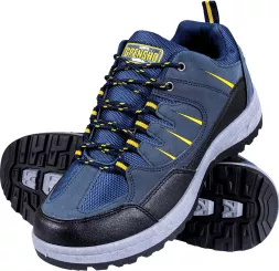 Granatowe buty sportowe trekkingowe GRIFT ze skóry, z żółtymi detalami i solidną, białą podeszwą z bieżnikiem, sznurowane na czarno-żółte sznurówki.