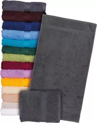 Ręcznik frotte ze 100% bawełny, gruby i miękki, w kolorze stalowym. Wysokiej jakości materiał, tkany, dostępny w różnych kolorach. Idealny do codziennego użytku.