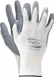Rękawice ochronne HyFlex® 11-800, kolor biało-szary, z elastycznym mankietem. Na wewnętrznej stronie dłoni i palców pokrycie z szarego materiału, reszta rękawicy w kolorze białym.