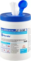 Opakowanie chusteczek do czyszczenia powierzchni Merida Super Błysk. Plastikowy pojemnik z zamknięciem i otworem do wyjmowania chusteczek. Na etykiecie informacje o zastosowaniu i instrukcje użytkowania.
