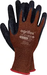 Rękawice ochronne Ogrifox, model OX.11.115 MELAT, posiadają certyfikat CE EN388. Są brązowe z czarnym pokryciem na dłoniach, mają czerwony ściągacz na nadgarstkach.