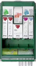 Zielona stacja pierwszej pomocy zawiera wyraźnie oznaczone komory z różnymi produktami takimi jak bandaże, plastry, opatrunki i płyny do przemywania oczu. Wyposażona także w instrukcje obsługi i przegródki na dodatkowe akcesoria medyczne.