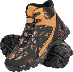 Buty taktyczne wzmacniane CRUX w kamuflażowym wzorze, męskie, z solidną podeszwą trekkingową i wysoką cholewką z systemem sznurowania zapewniającym stabilność i ochronę stopy.