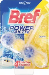 Opakowanie kostki WC Bref Power Aktiv o zapachu cytrynowym. Produkt ma formułę 4 w 1 zapewniającą czystość i świeżość, prezentowany na błękitnym tle z grafiką bąbelków.