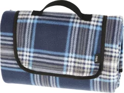 Koc piknikowy PICNICMAT w niebiesko-szarą kratę, wykonany z polaru, składany, wyposażony w uchwyt do przenoszenia. Idealny na piknik, plażę lub do ogrodu.