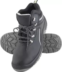 Buty robocze trzewiki skórzane z podnoskiem SB POLREIS, czarne, z szarymi detalami, solidna podeszwa z głębokim bieżnikiem, sznurowane, wygodne i bezpieczne.