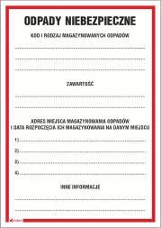 Znak informacyjny „Odpady niebezpieczne” z miejscami do wpisania kodu, rodzaju, zawartości, adresu miejsca magazynowania, daty rozpoczęcia magazynowania oraz dodatkowych informacji.
