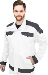 Biała męska bluza robocza katana CORTON z 100% bawełny, wyposażona w kieszenie na piersi i ramionach oraz czarne wzmocnienia na ramionach, rękawach i dole bluzy.