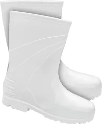 Na obrazie widoczne są białe, gumowe buty robocze o wysokości za kostkę, z wyraźnymi wzmocnieniami na palcach i pięcie oraz ozdobnymi liniami na cholewce.