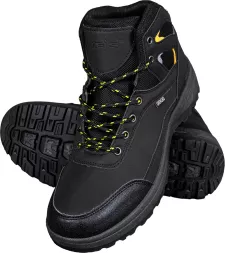 Męskie buty trekkingowe Mortis w kolorze czarnym, wykonane z wytrzymałego materiału. Posiadają solidną, antypoślizgową podeszwę i sznurowadła w żółto-czarnym wzorze. Model trzewików idealny na trudne warunki.
