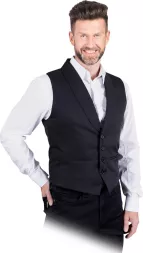 Elegancka czarna kamizelka męska ADORNO, zapinana na guziki, z klasycznym krojem. Noszona na białą koszulę, idealna do formalnych stylizacji.