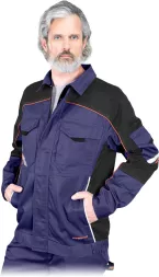 Bluza robocza ochronna PROX w kolorze niebieskim z czarnymi wstawkami, zapinana na zamek i rzepy, z wieloma kieszeniami, wzmocnieniami na łokciach oraz kołnierzem.