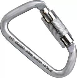 Łącznik aluminiowy typu D z blokadą i zamknięciem OUP-KRM-K-QTL-A, wykonany z aluminium o wymiarach 11x100 mm, nośność 25 kN. Znak CE, spełnia normę EN362.
