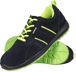 Skórzane buty robocze BOLIVIA SB w kolorze czarnym z zielonym wnętrzem i podeszwą, model uniseks. Wyposażone w podnosek, wiązane na sznurówki, lekkie i wygodne.