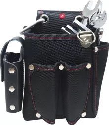 Torba na narzędzia TOOLBOX5 z wieloma kieszeniami i uchwytami, wykonana z wytrzymałego materiału, przeznaczona do zawieszenia na pasku. Zabezpieczona nitami, z miejscem na różne narzędzia ręczne.