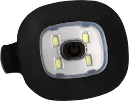 Wymienna lampka LED do czapki, ergonomiczny kształt, 4 diody LED, centralny przycisk włączania. Czarna obudowa.