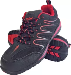 Lekkie, czarno-czerwone buty robocze ECUADOR OB, bez metalowych elementów. Posiadają sportowy design i wytrzymałą podeszwę z antypoślizgowym bieżnikiem.