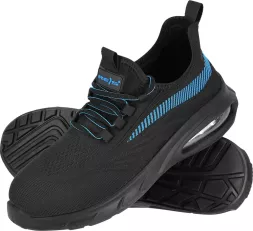 Czarne męskie buty robocze WAVE z niebieskimi detalami, wyposażone w podnosek i wkładkę S1. Podeszwa z wyraźnym bieżnikiem, sznurowane, zapewniające bezpieczeństwo i komfort pracy.